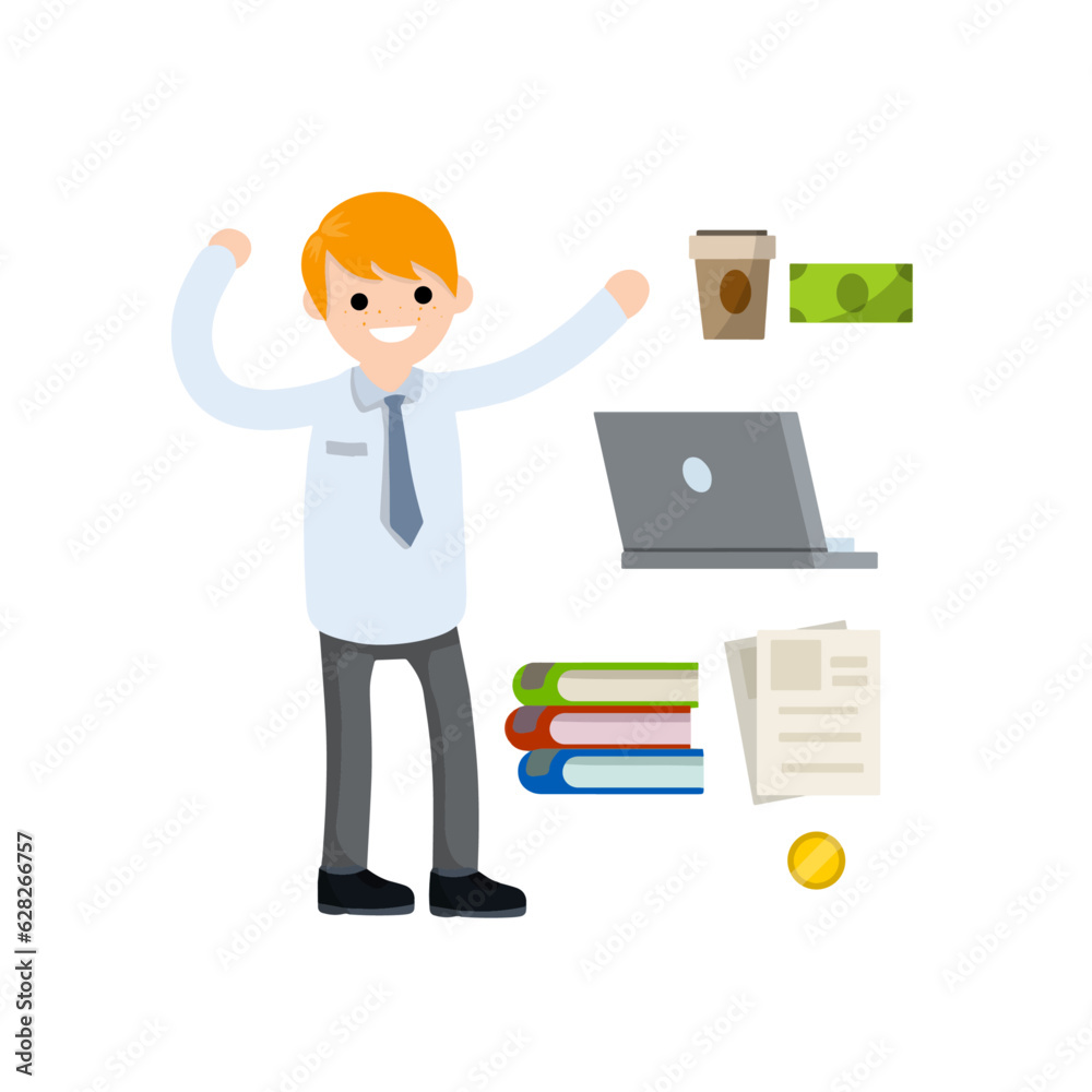 Male employee in shirt and tie. Office man and set of objects. Cute character. Joyful guy. Cartoon flat illustration. Books, laptop, coffee, document file, cash and coin money Male employee in shirt and tie. Office man and set of objects. Cute character. Joyful guy. Cartoon flat illustration. Books, laptop, coffee, document file, cash and coin money