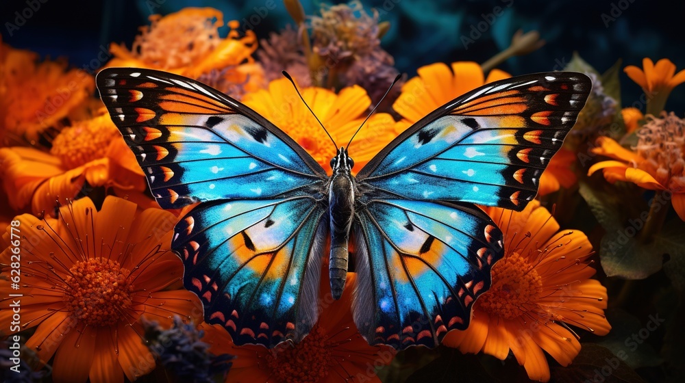 a blue butterfly sitting on top of a bunch of orange flowers. generative ai a blue butterfly sitting on top of a bunch of orange flowers. generative ai
