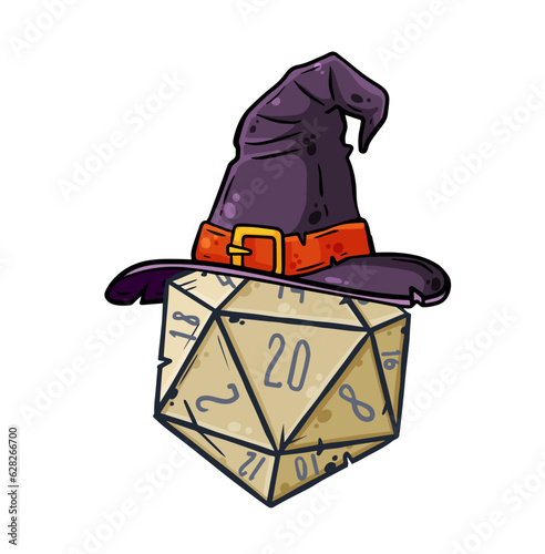 Dice for playing DnD. Tabletop role-playing game Dungeon and dragons with d20. Magical role of sorcerer with witch hat. Cartoon illustration