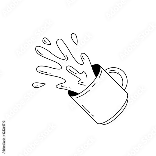Spilled Cup of coffee. Spray and drop. Sloppy handling in kitchen. Drink with caffeine. Cartoon illustration.
