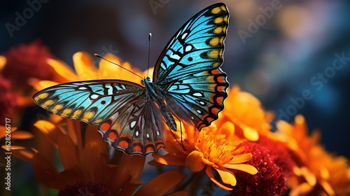  a blue butterfly sitting on top of a yellow and red flower. generative ai