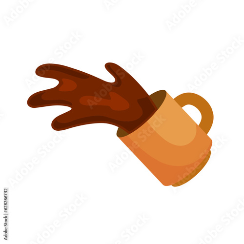 Spilled Cup of coffee. Spray and drop. Sloppy handling in kitchen. Drink with caffeine. Cartoon flat illustration.