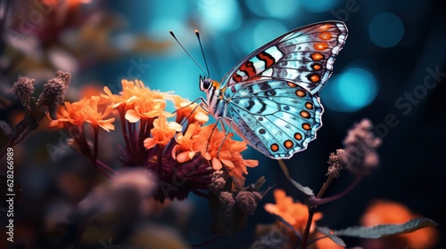  a blue butterfly sitting on top of an orange flower with blurry lights in the background. generative ai