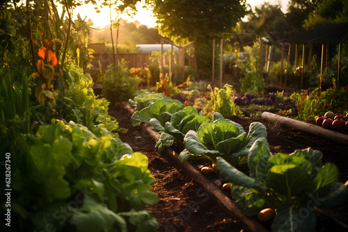 A beautiful allotment garden in the summer that's growing vegetables to eat and sell. Generative AI.