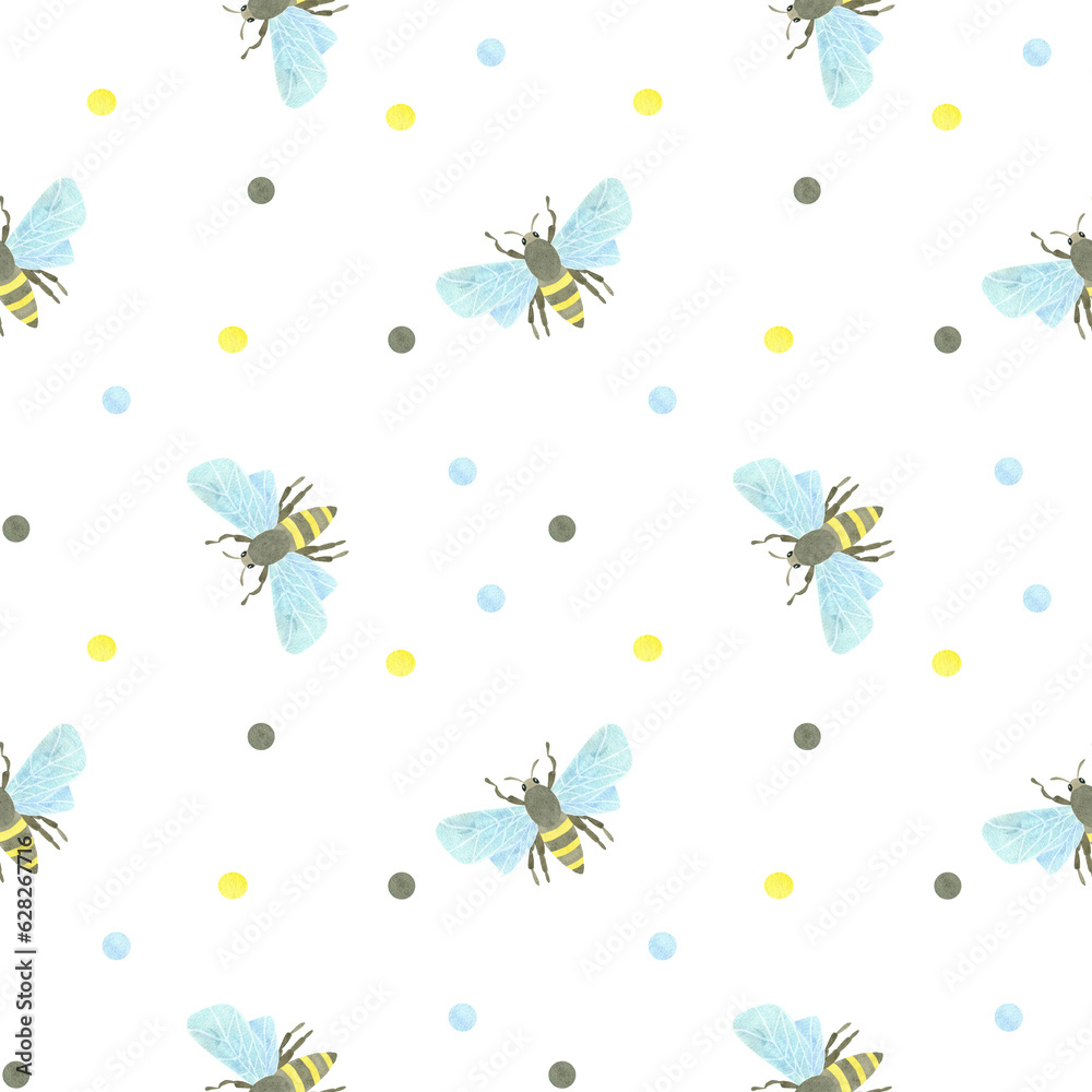 Seamless pattern with honey bees and multicolored watercolor spots on a white background. Watercolor illustration. A set OF ANIMAL FACES. Suitable for children's textiles, packaging, postcards