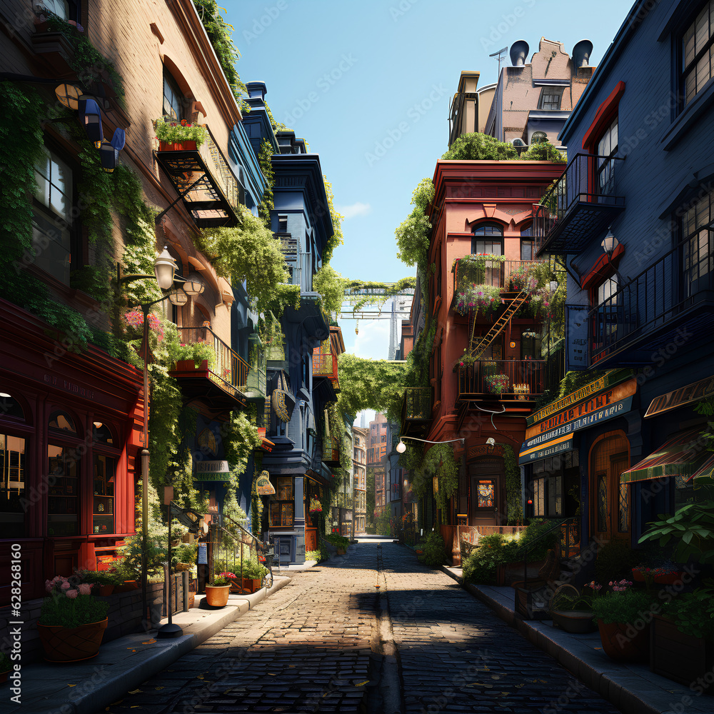 Naklejka premium A clean downtown street without people under a clear sky, Created with generative AI