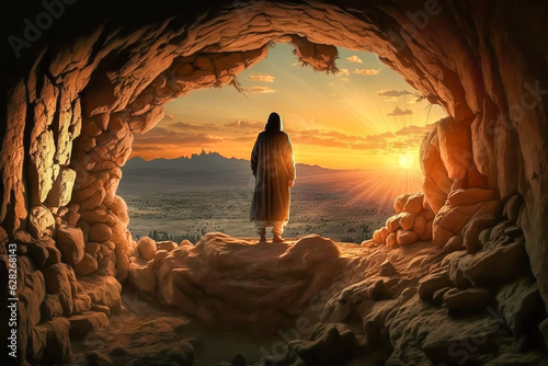 Jesus standing in a cave at dusk. Warm golden glow over the landscape. Sunset, echo the miracles of Christianity, symbol of hope, faith, and redemption concept. Made with Generative AI
