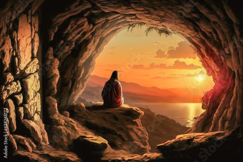 Jesus sitting in a cave at dusk. Warm golden glow over the landscape. Sunset, echo the miracles of Christianity, symbol of hope, faith, and redemption concept. Made with Generative AI