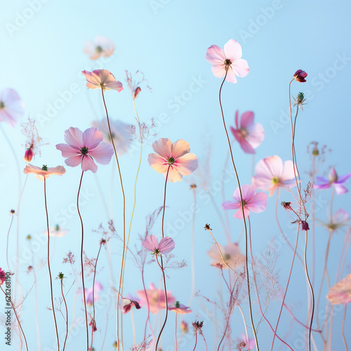 delicate pink flowers on a blue background © Tatsiana