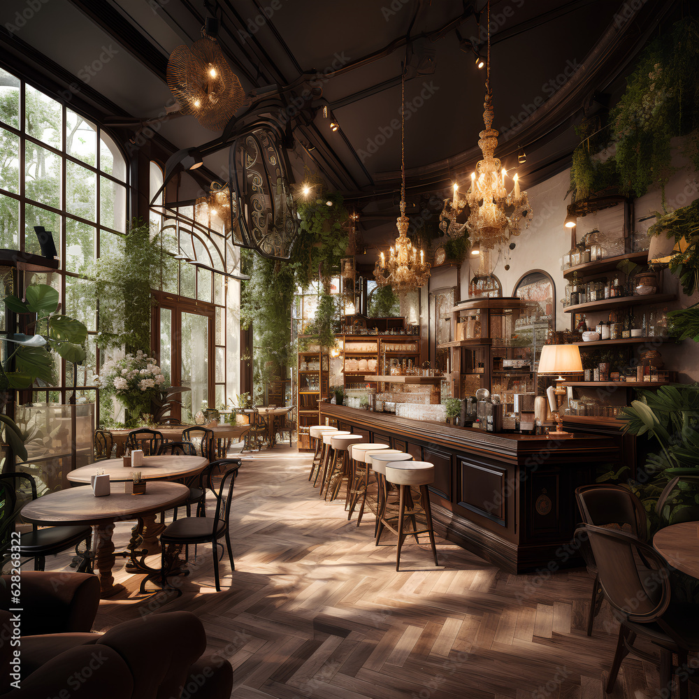 Fototapeta premium Cafe view with good lighting and atmosphere, Created with generative AI