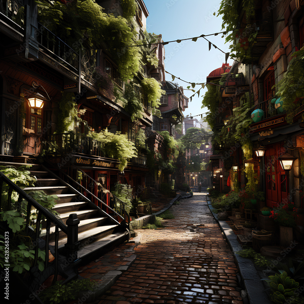 Fantasy city streets with beautiful lighting, Created with generative AI