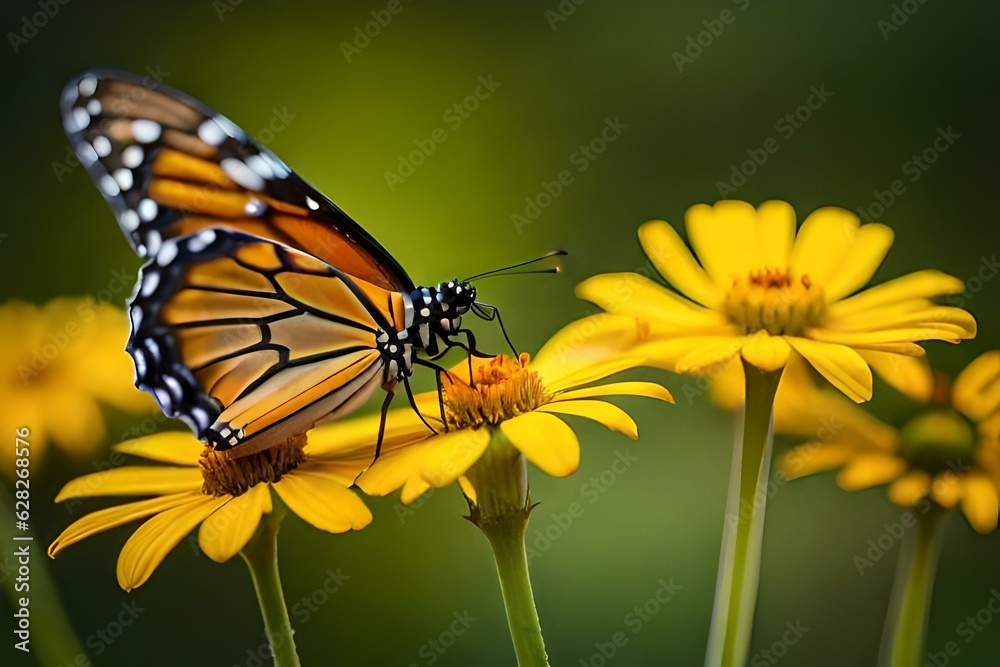 Obraz premium Portrait of monarch butterfly on yellow flower. AI Generated