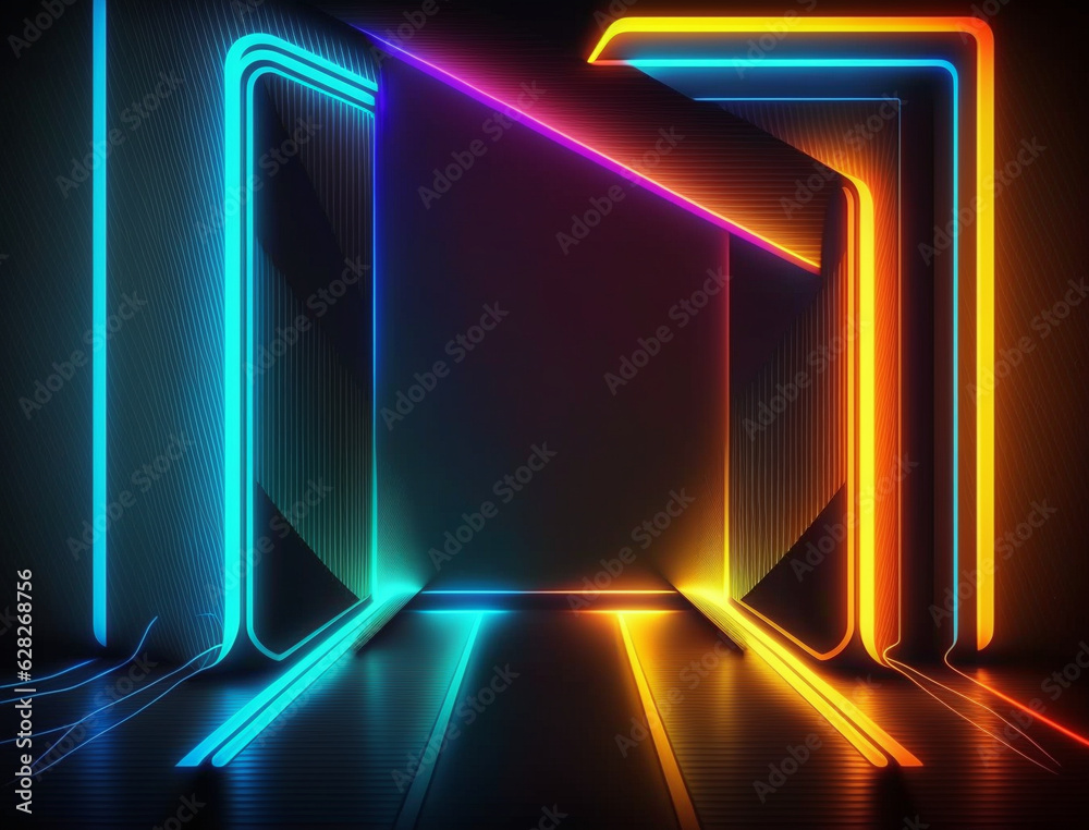 Dark scene with neon frame, line, circle, shape. Futuristic dark neon background. Dark scene with neon frame, line, circle, shape. Futuristic dark neon background.