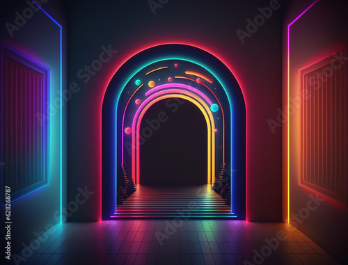 Dark scene with neon frame  line  circle  shape. Futuristic dark neon background.