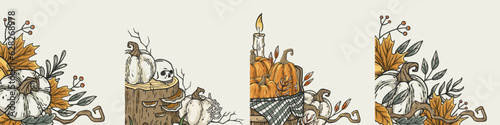 Halloween autumn set of corners with pumpkin and leaves. Happy halloween composition for poster design. Festive invitation and postcard