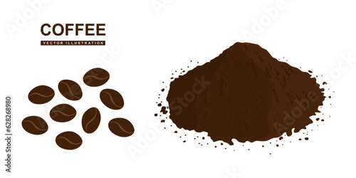 Ground coffee and brown coffee beans in flat style isolated on white background. Roasted Coffee beans vector illustration. Design elements for beverage or cafe. Vector