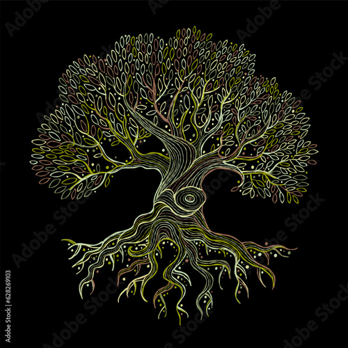 Old big family tree with roots isolated on black. Concept Art for your design. Design interior ideas.