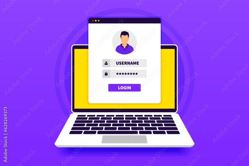 Online registration and sign up concept. Laptop with login and password form page on screen. Online login form. Secure login and password. Sign in to account. Vector illustration Online registration and sign up concept. Laptop with login and password form page on screen. Online login form. Secure login and password. Sign in to account. Vector illustration