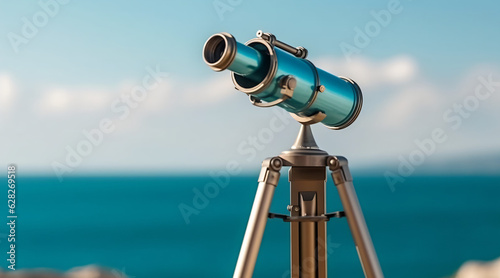 Oceanfront Telescope Stands with Majestic Blue Sky Backdrop. Enhanced Binocular Station with Integrated Bill Acceptor