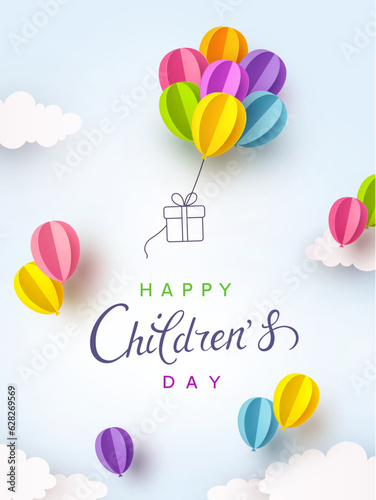 Children's Day postcard with flying balloons bunch and gift box on blue sky background. Vector 3d paper colorful ballons special cartoon kids poster template