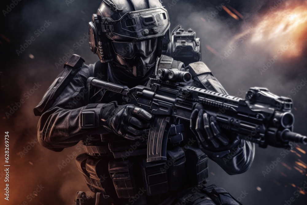 Warrior in body armor and with a machine gun. Man in an modern armor. Generative AI Warrior in body armor and with a machine gun. Man in an modern armor. Generative AI