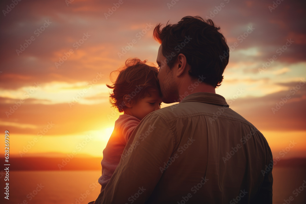 Father holding son on his lap at sunset, Father's Day celebration image.