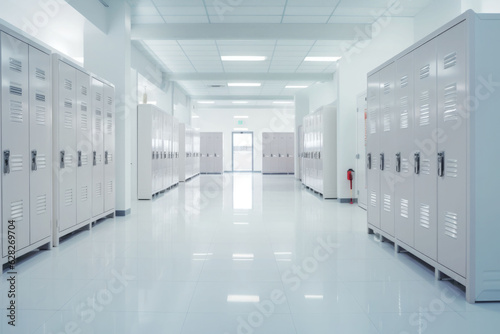 School hallway with modern lockers. Concept of studying and getting knowledge. Generative AI