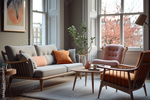 Wallpaper Mural Timber frame chair. The sofa and chair style upholstery elements. Modern interior. Generative AI Torontodigital.ca