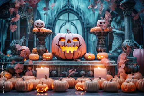 Interior decorated for Halloween in pastel colors. Pumpkins, candles, skulls. AI generated © barmaleeva