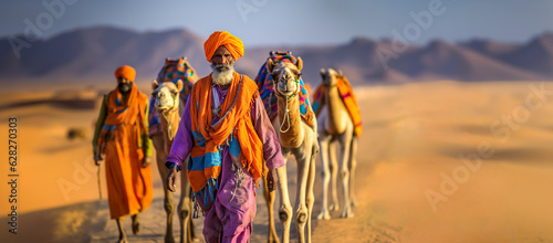 Berber man leading camel caravan. A man leads two camels through the desert. Man wearing traditional clothes on the desert sand, digital ai photo