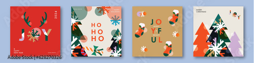 Merry Christmas and Happy New Year banner, greeting card, poster, holiday cover, header. Modern Xmas design. Christmas trees, colorful snowflakes, candies and antlers. red, yellow and white background