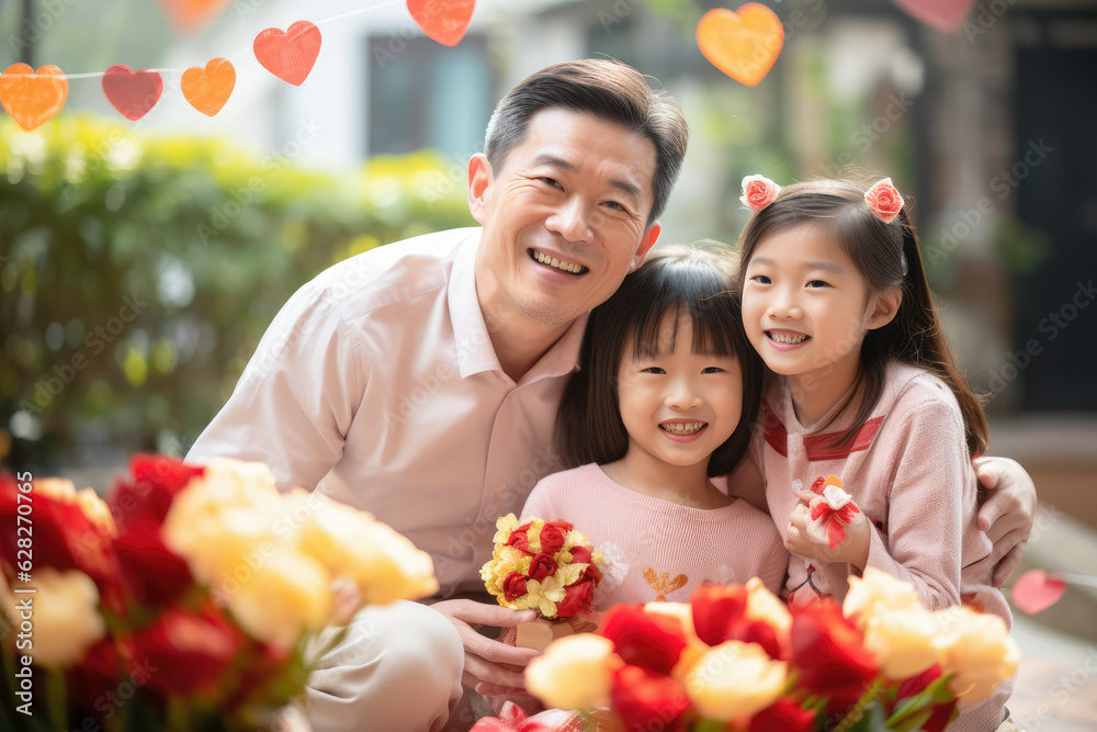 Father and mother holding daughter smiling, Father's Day celebration image.