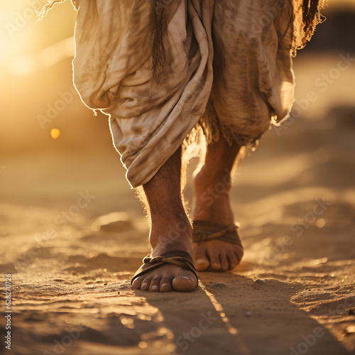 Closeup of Jesus walking on dusty path to Jerusalem.