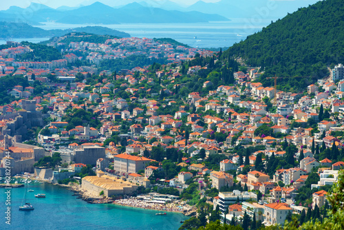 Fototapeta Naklejka Na Ścianę i Meble -  aerial view of the fortress and old city on the seashore and mountains, panorama of the resorts of Dubrovnik in Croatia, Adriatic sea, beaches, islands, tourism and summer traveling