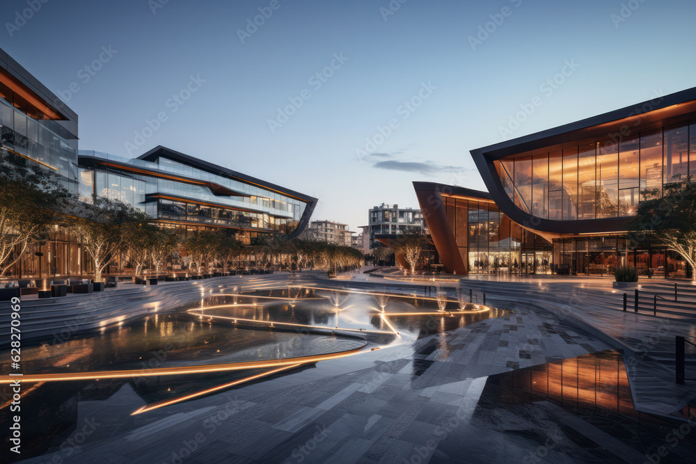 empty floor with modern. building at night