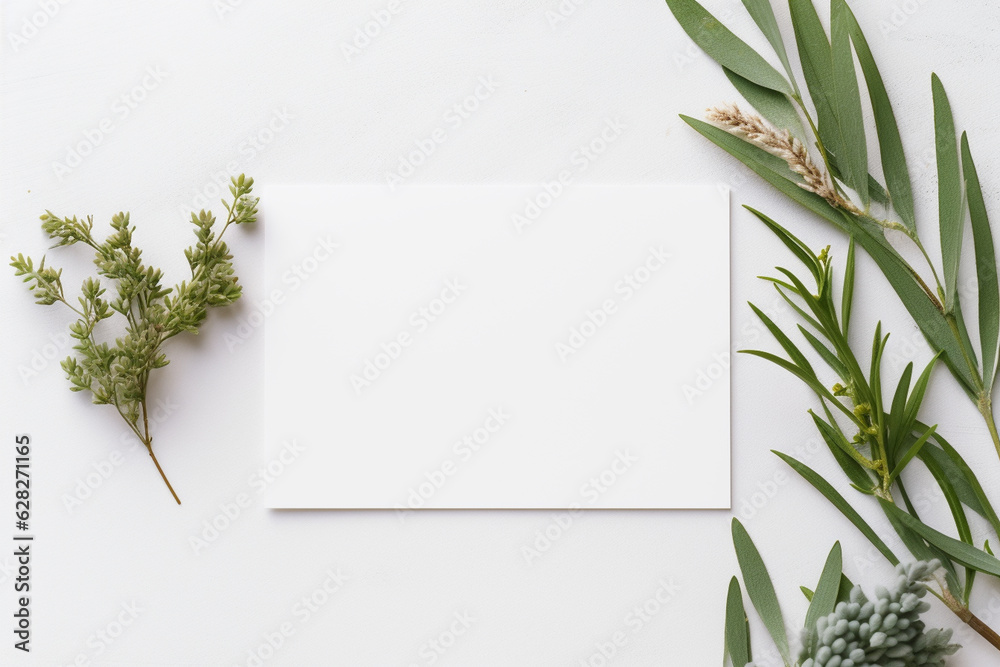 Simple folded blank note card on a light gray surface, empty blank paper, minimalistic background, Generative AI