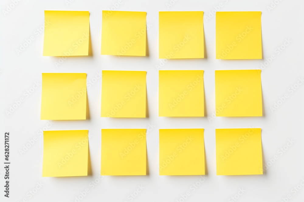 Clean square sticky notes on a white wall, empty blank paper, minimalistic background, Generative AI