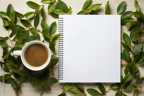 Minimalistic desk setup with an open notebook, empty blank paper, minimalistic background, Generative AI