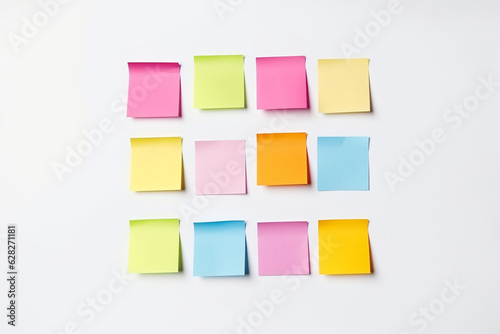Empty blank square post-it notes on a plain white surface, empty blank paper, minimalistic background, Generative AI