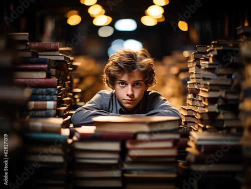 Focused boy reading book in library
