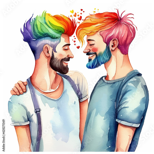 Handsome guys in love looking at each other. Rainbow hair. Watercolor. Vector illustration