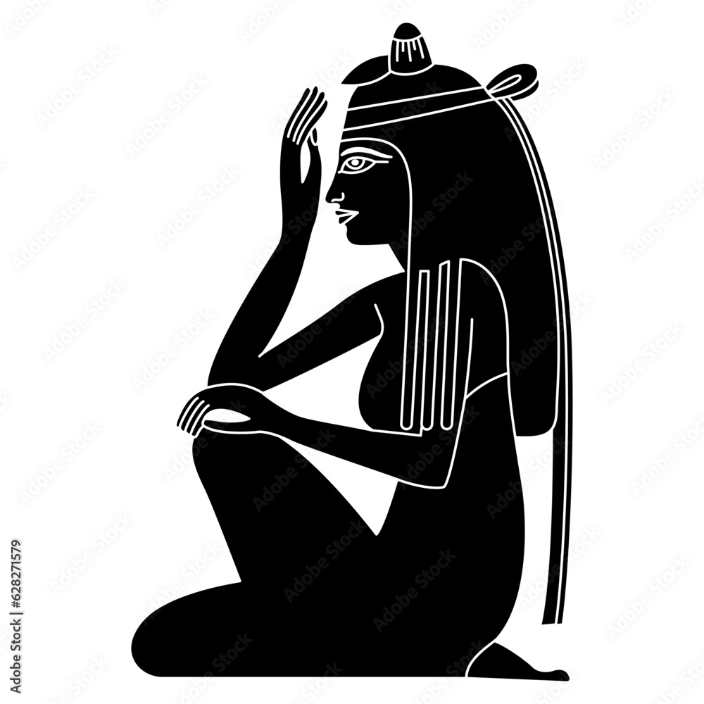 Seated Ancient Egyptian Girl In Profile Ethnic Illustration Black And