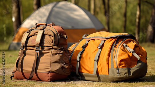 Illustration of travel bags in front of a camping tent, hiking equipment. Sports backpack with a rug near a tourist tent on the background of nature and forest. Generative AI © Vagner Castro