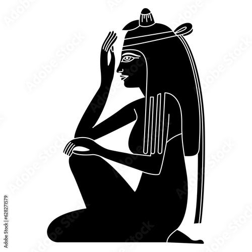 Seated ancient Egyptian girl in profile. Ethnic illustration. Black and white negative silhouette.