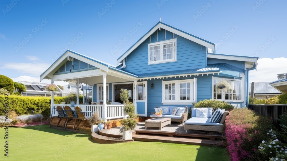 Beautiful exterior of newly built luxury home. Yard with green grass and walkway lead to ornately designed covered porch and front entrance