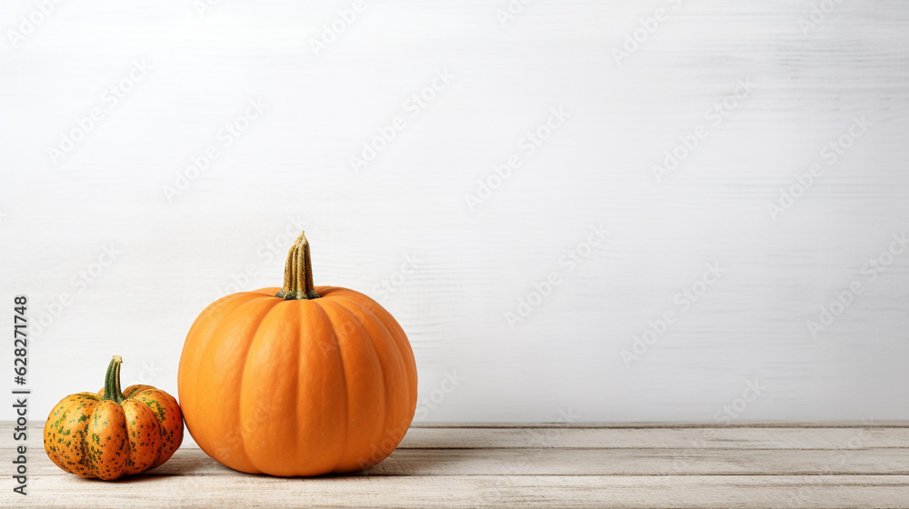 Bright Orange Pumpkin - Head On View of White, Aged Wooden Backdrop with Copy Space - Farmhouse Aesthetic for Fall, Autumn, and Winter - Generative AI
