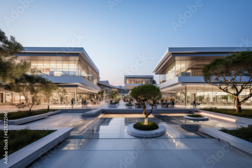 empty floor with modern. building at night