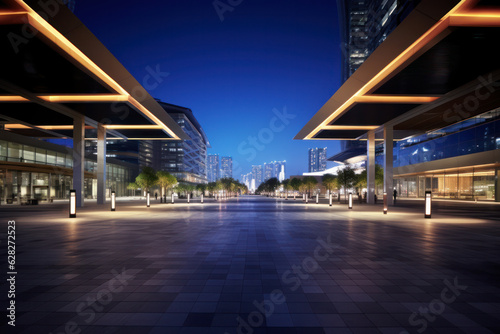 empty floor with modern. building at night