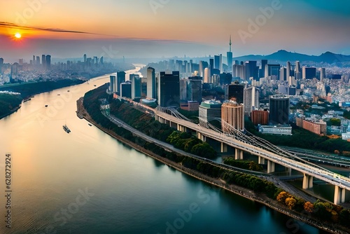 city skyline at sunset