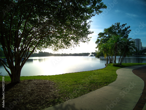Morning sunrise walks around Lake Eola Park in the heart of Orlando Florida. photo